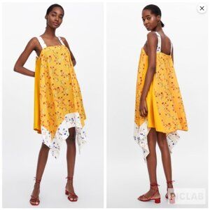 ZARA Floral Pattern Midi Trapezoid Scarf Dress, Yellow/White, Size S